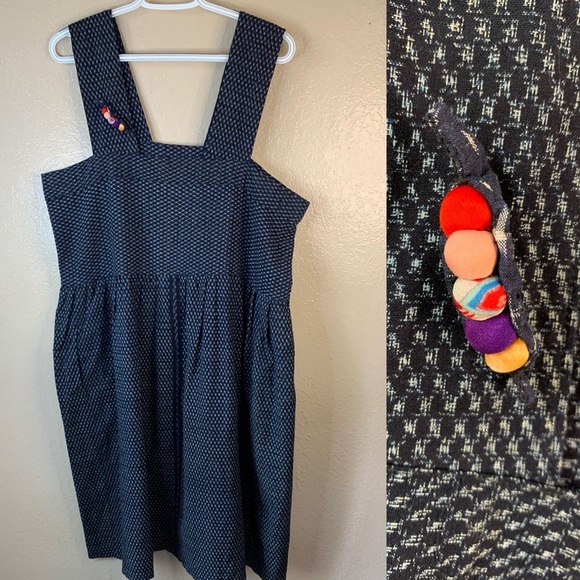Handmade Retro Cottagecore Navy Blue Caterpillar Pinafore Midi Dress L - Picture 2 of 11